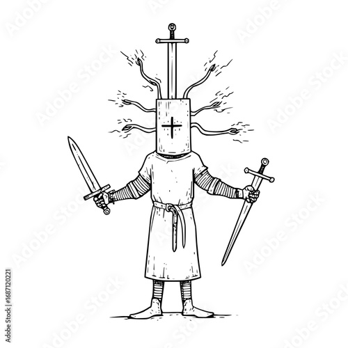 Medieval knight warrior drawing with sword and cross design for fantasy art and historical illustration use