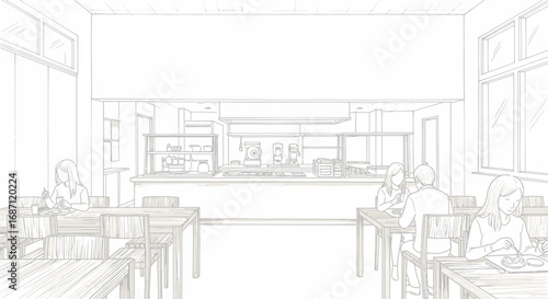 Drawn Interior Scene of a Bright Cafeteria with Seating and Food Service Area