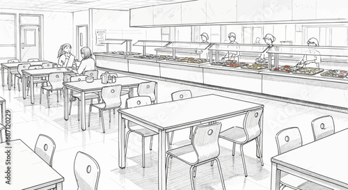 Drawn image showcases a bustling cafeteria scene with students and staff
