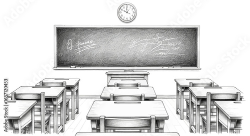 Empty classroom with rows of desks facing chalkboard under a clock illustration