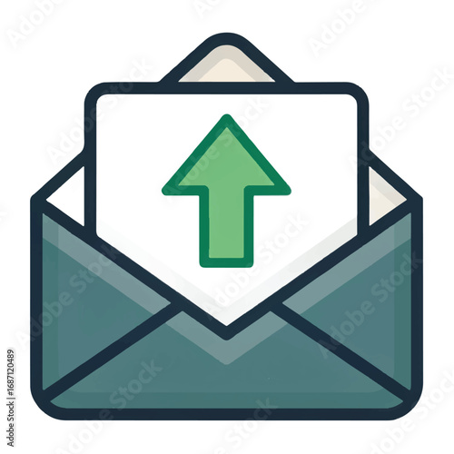 Abstract Glitch Upload Email Icon: Modern Teal Envelope, Up Arrow, Digital Data Transfer