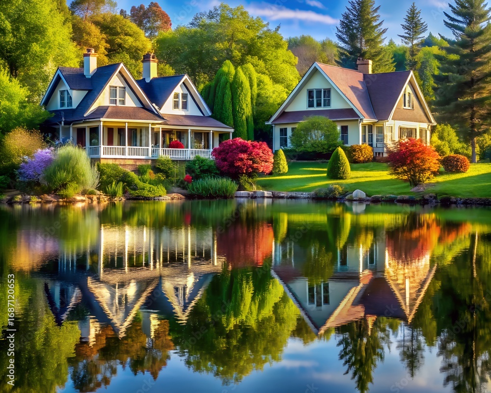 Fototapeta premium Houses reflected in a lake, surrounded by lush greenery and vibrant colors