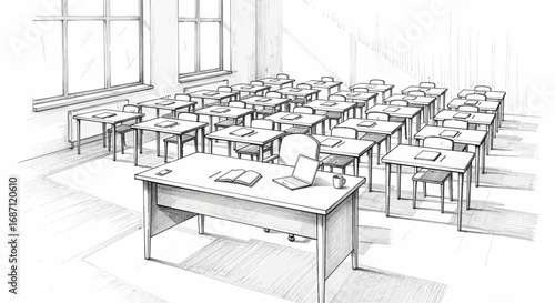 Hand drawn illustration of a classroom with desks and chairs arrangement