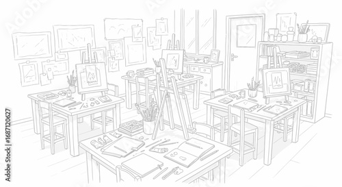 Hand Drawn Illustration of an Artistic Studio Classroom Environment