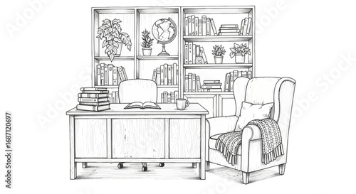 Hand drawn illustration of study room with books and comfy armchair