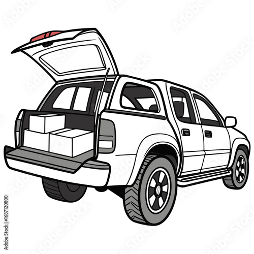 4x4 pickup truck carrying boxes in the trunk, clean version on a white background.