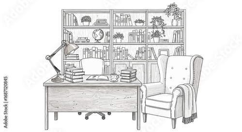 Hand drawn sketch of a study room interior with furniture and bookshelves