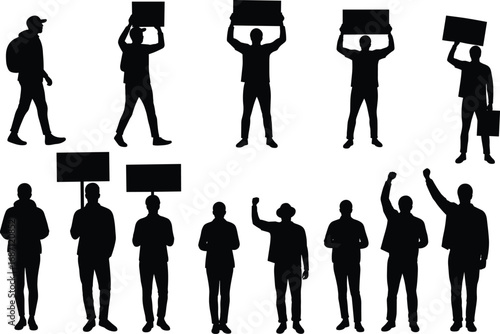 Silhouette protest crowd, people holding signs, activists raising fists, demonstration scene, political rally, social justice, activism concept
