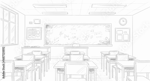Hand-drawn classroom illustration with blackboard and desks provides learning concepts