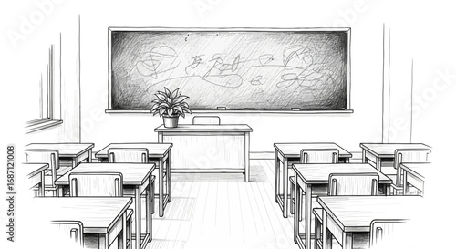 Hand-Drawn classroom with desks and blackboard evokes learning environment