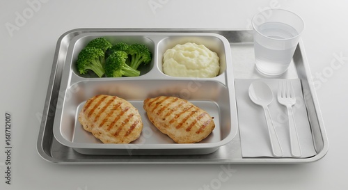 Poulet grille sain plat repas scolaire lumiere neutre. AI Generated