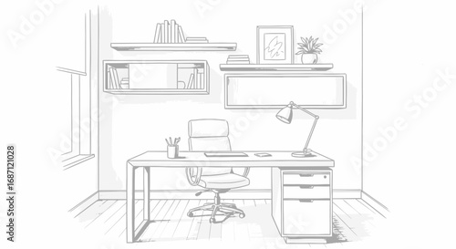 Hand-Drawn Home Office Workspace Illustration with Shelves and Desk
