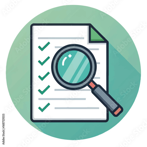 Checklist Document Inspection: Magnifying Glass Over Completed Tasks, Flat Design Illustration