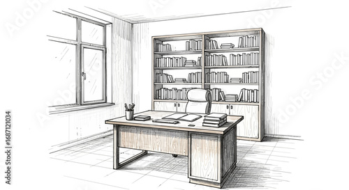 Hand-Drawn Home Office Interior Design with Bookshelf and Desk Workspace