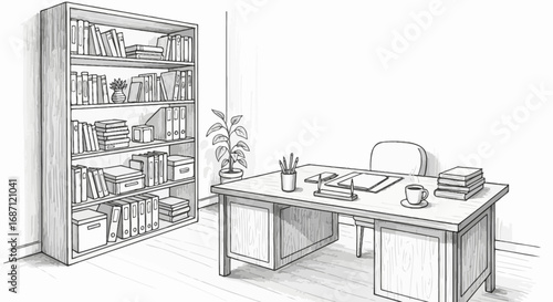 Hand-Drawn Home Office Sketch, Featuring Bookshelf, Desk, and Workplace Items