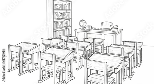 Hand-drawn illustration of a classroom with desks, bookcase, and teacher's desk