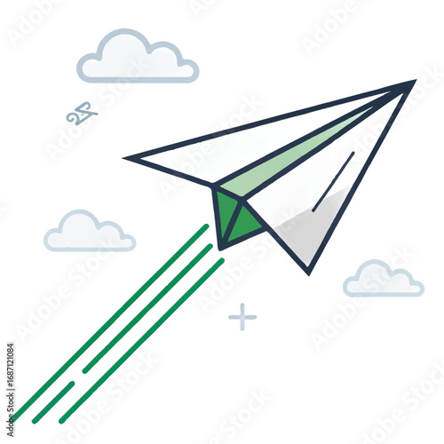 Upbeat Green Paper Airplane Soaring Through Clouds:  Fast Delivery, Success, and Growth Concept Illustration