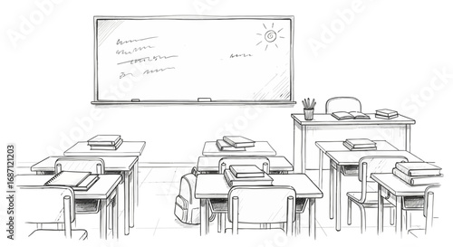 Hand-Drawn School Classroom with Desks and Blackboard illustration