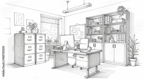 Hand-drawn office space with desk, computer, and plants illustration