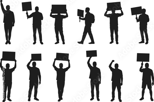 Silhouette protest crowd, people holding signs, activists raising fists, demonstration scene, political rally, social justice, activism illustration