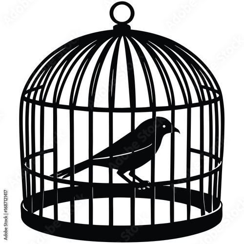 Golden vintage birdcage with a solitary bird, door ajar