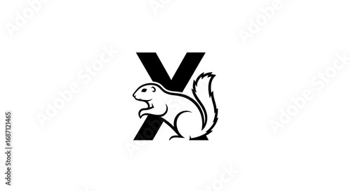 Black and White Squirrel with Letter X Logo Design.