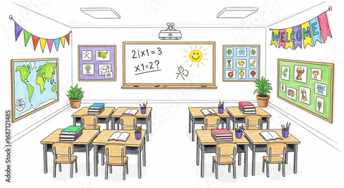 Illustration of a classroom adorned with educational decorations and furniture