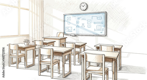 Illustration showcasing an empty classroom with desks and a whiteboard