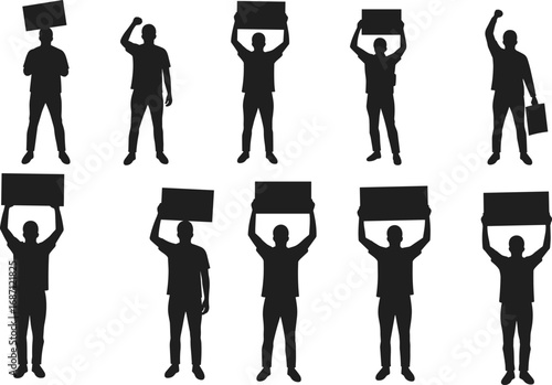 Silhouette protest crowd, people holding signs, activists raising fists, demonstration scene, political rally, social justice, activism concept