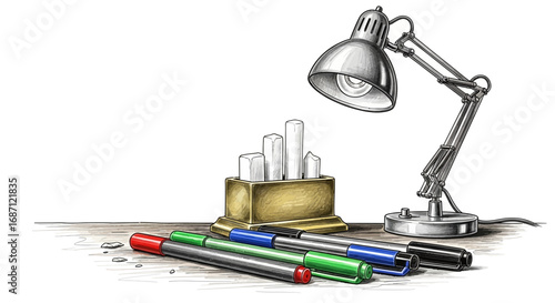 Illustration of desk with lamp, markers, and chalk sticks for writing