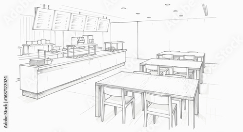 Interior sketch of a restaurant or canteen, showing tables and serving counter