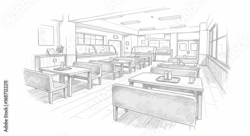 Line drawing illustration of a restaurant interior with empty tables