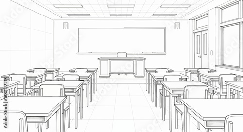 Line Drawing Illustration of a School Classroom Interior Perspective