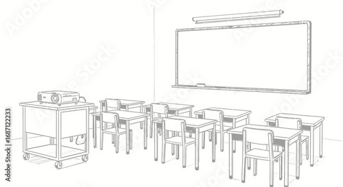 Line drawing of an empty classroom with desks and a whiteboard illustration