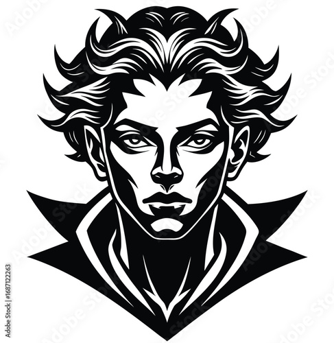 Spooky gothic horror cartoon illustration of a scary zombie woman's face with a skull tattoo on her head and tangled hair