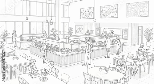 Lively cafeteria line art with diverse crowd choosing and enjoying food