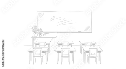Minimalist classroom illustration with desks and blackboard equation