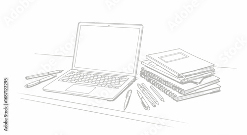 Minimalist desk setup with laptop, notebooks, and pens illustration