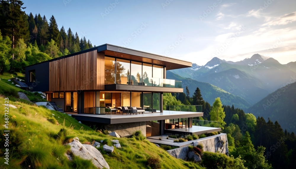 Modern House on Mountainside at Sunset Modern House on Mountainside at Sunset