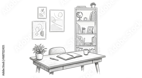 Minimalist workspace illustration featuring a desk, bookshelf, and abstract art
