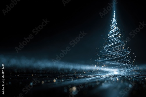 Futuristic Christmas tree made of glowing particles, presenting holographic interface and advanced data visualization, minimalist technology, subtle glow effect 3D rendering, simple corporate design