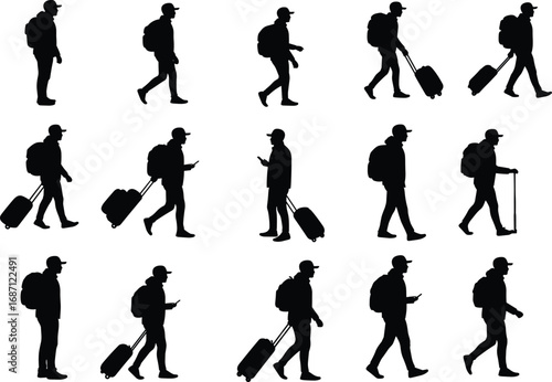 Silhouette travelers walking, people with luggage, airport passengers, backpacks, rolling suitcases, mobile phone, travel concept, commuter scene