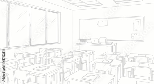 Monochrome line art illustration of a classroom with desks and blackboard