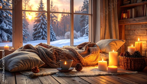 Cozy winter retreat with a warm chunky knit blanket and glowing candles by a window overlooking a snowy forest at sunrise