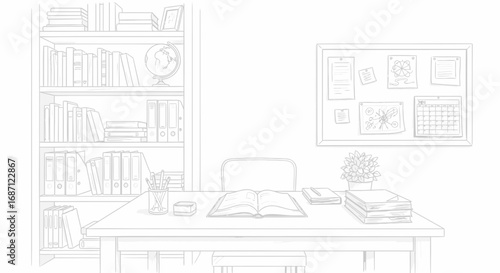 Monochrome study room interior sketch with bookshelf and desk objects