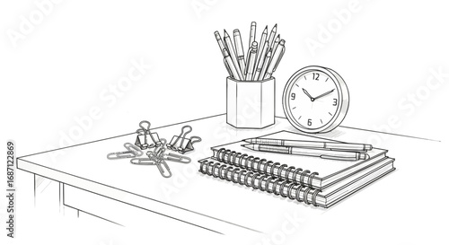 Monochrome still life of stationary and supplies on a desk surface