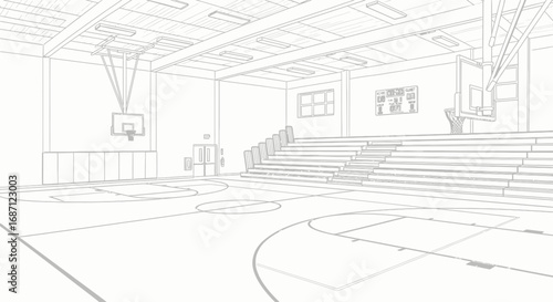 Schematic illustration of a gymnasium with basketball court and bleachers