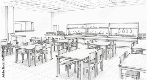 Schematic drawing illustration of a cafeteria interior with tables and chairs