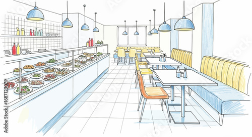Serene cafeteria interior featuring a diverse selection of food items