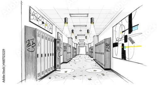 Sketch art hallway scene depicting a high school interior with graffiti lockers
